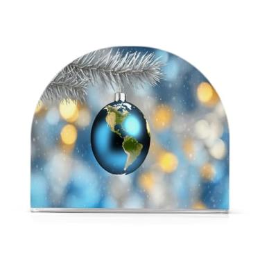 Imagem de Qilmy Suporte de guardanapo acrílico com bola de Natal lindamente azul, porta-guardanapos para mesas cozinha restaurante decoração de casa, suporte decorativo moderno para guardanapos de coquetel de