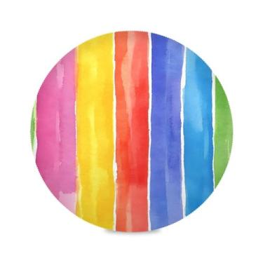 Imagem de xigua Jogo americano redondo com listras arco-íris, conjunto de 1 para mesa de jantar, tapetes de mesa antiderrapantes laváveis e resistentes ao calor para decoração de festa, cozinha, jantar