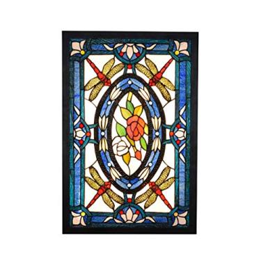 Imagem de Luminária de parede LED estilo Tiffany com mural de libélula, estilo vintage mediterrâneo, com moldura ultrafina em vitral azul, ideal para quarto e sala de estar.