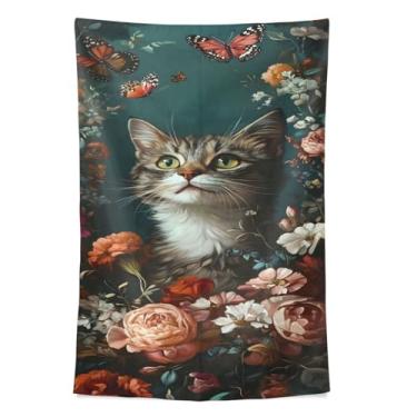 Imagem de STAYTOP Tapeçaria fofa de gatos e borboletas tapeçarias para decoração de casa decoração de dormitório sala de estar quarto tapete de parede (60×40in)