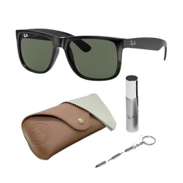 Imagem de Ray-Ban Óculos de sol RB4165 JUSTIN CLASSIC com armação preta polida com lentes verde-escuro sólido de 54 mm inclui um kit oficial de óculos