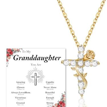 Imagem de Presentes cristãos religiosos para mulheres, presentes de Natal para mãe, irmã, colar com cruz para mulheres com batismo de rosa, comunhão católica, colar banhado a ouro 14 k para filha, neta