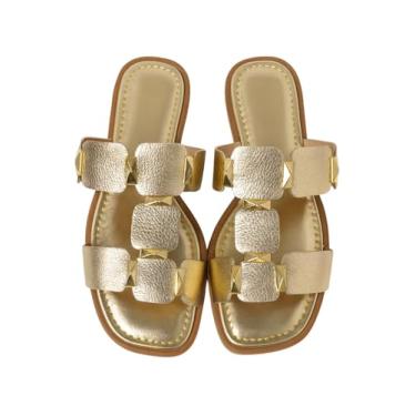 Imagem de Sandália Rasteira Feminina Spikes Dourado Confortável Chic Casual Leve RD (OURO LIGHT, BR, Adulto, Numérico, 38)
