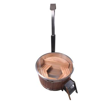 Imagem de OGOLOUG Banheira de imersão azul para uso externo, tanque interno de aço inoxidável 304, exterior de madeira composta, aquecedor embutido, tampa isolada, capacidade para 2 a 5 pessoas (B, Φ 140 cm ×