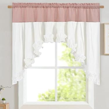 Imagem de Likiyol Sanefas de linho para janelas de fazenda com babados e saia rústica para janela rural cortinas de cozinha com filtro de luz, cortinas de cozinha com bolso para varão, cortinas para banheiro