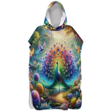 Imagem de Joisal Poncho de surfe animal colorido pavão vibrante para trocador adulto toalha de natação com capuz poncho masculino absorvente com capuz