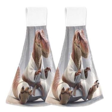 Imagem de Dinossauro Karatê Toalhas de mão engraçadas de outono com laço para pendurar toalhas de dedo macias absorventes de forno conjunto de 2, toalhas decorativas de cozinha fofas personalizadas 18,2 x 14