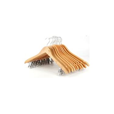 Imagem de Cabide de Madeira Premium, Marrom Claro, com Presilhas de Metal, 45cm x 25cm, para Roupas Leves e Pesadas, Design Moderno, 1 Unidade