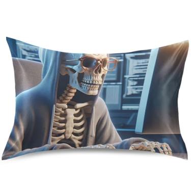 Imagem de Capas de travesseiro engraçadas esqueleto programador caveira cetim capas de travesseiro padrão king queen impressão deslizante quarto estética, tamanho king, 101,6 cm x 50,8 cm