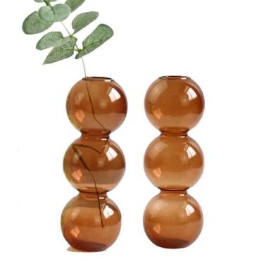 Imagem de Pacote com 2 lindos vasos de bolhas para flores, vidro, moderno, bolha, para decoração de casa, vaso de flor único redondo decorativo para mesa (marrom, 3 bolas 16,5 cm)