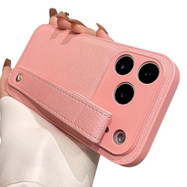 Imagem de Capa de couro resistente a impactos com alça de pulso de luxo para iPhone 17 Pro, 16, 15, 14, 13, 12 e 17 Pro Max, cor lisa, macia, rosa, para iPhone 15 Pro.