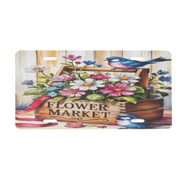 Imagem de Placa de licença de flor de madeira colorida para placas de carro dianteiras de alumínio metal adequado para caminhão placa de porta de carro bar café acessórios automotivos para homens mulheres 15 x