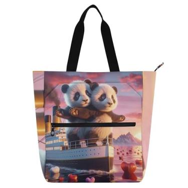 Imagem de GAIGEO Bolsa de mão divertida Panda Titanic Love Scene para crianças e mulheres, trabalho, escola, livro, reutilizável, com zíper