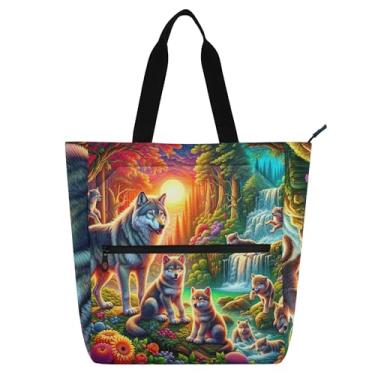 Imagem de GAIGEO Bolsa feminina Wolf Family Spring Landscape Work Tote Bag de lona para escola de praia e professores com compartimentos