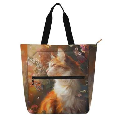 Imagem de Sacolas femininas fofas de gato floral para trabalho, lona, faculdade, escola, bolsas utilitárias, bolsas infantis, presente para amantes de livros