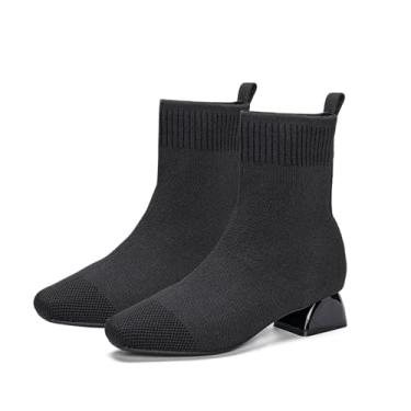 Imagem de HONHOLD Bota feminina de cano baixo, confortável, bico fino, respirável, de malha, salto baixo, outono, trabalho, escritório, Bico quadrado preto, 35