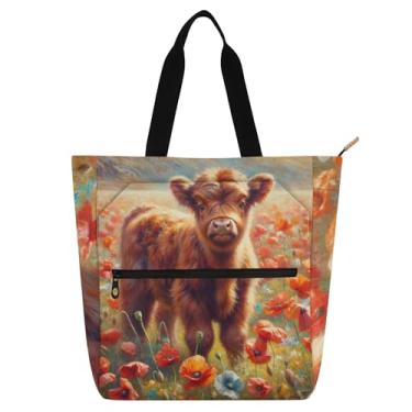 Imagem de GAIGEO Bolsa feminina Highland Cow Poppy Flowers Spring Work Tote de lona com zíper bolsa de praia infantil presente fofo para amantes de livros
