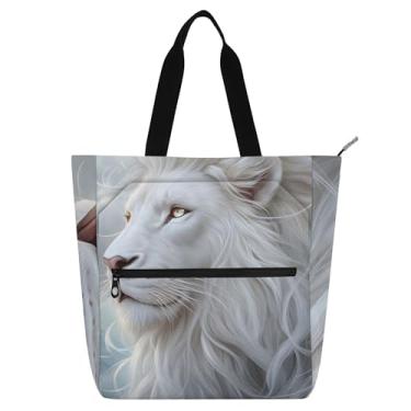 Imagem de GAIGEO Bolsa feminina com estampa de juba de leão branca, bolsa de trabalho, bolsa escolar de lona, reutilizável, presente para amantes de livros