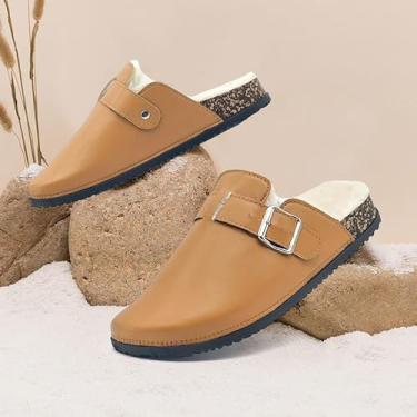 Imagem de Tamancos de camurça para mulheres e homens felpudos PU macio palmilha de couro mules conforto batata sapatos com suporte de arco, Marrom, 5.5 Women/4 Men