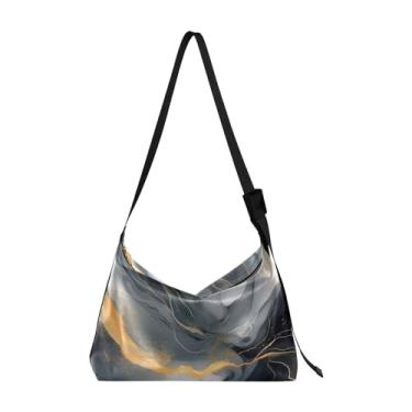 Imagem de Bolsa Hobo de ombro leve de flores silvestres com borboletas aquarela, bolsa tiracolo vegana, bolsas transversais de couro, Pintura abstrata preta e dourada - 1, One Size