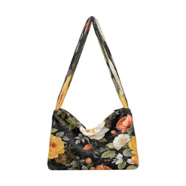 Imagem de Floral com flores rosa em bolsas de ombro pretas, bolsa de ombro feminina, bolsas de outono, Rosa laranja e flor amarela - 1, One Size