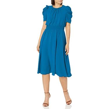 Imagem de London Times Vestido midi feminino com manga bufante Caterpillar - Vestido rodado de verão evasê com cintura franzida, Directoire Blue, 42