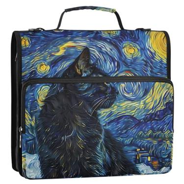 Imagem de Fichários de 3 cm com 3 anéis de gato preto resistente noite estrelada organizador de fichários escolares bolsa com alça de ombro rosa vários bolsos pasta grande portfólio