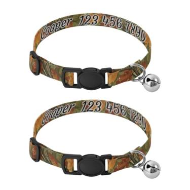 Imagem de Pacote com 2 coleiras personalizadas de camuflagem com folhas de outono com nome e número de telefone, alça ajustável para pescoço de gato com fecho de pressão, serve para pescoço de 27 a 43 cm