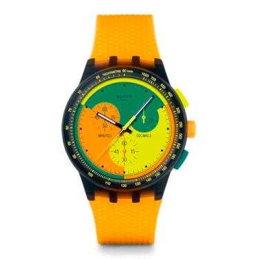 Imagem de Swatch Relógio casual unissex Chrono 42 polímero quartzo preto resistente à água Swatch bandeira de sinal neon