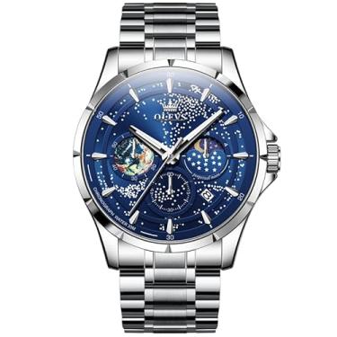 Imagem de OLEVS Relógios masculinos, céu estrelado, fase, lua, discagem, vestido de negócios, analógico, clássico, casual, data, aço inoxidável, luminoso, azul E6
