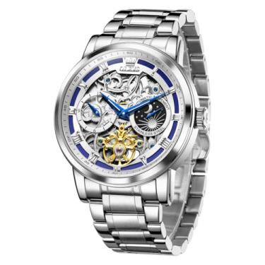 Imagem de OLEVS Relógios masculinos automáticos automáticos automáticos mecânicos de negócios diamante luxuoso vestido de aço inoxidável à prova d'água, 6670: azul