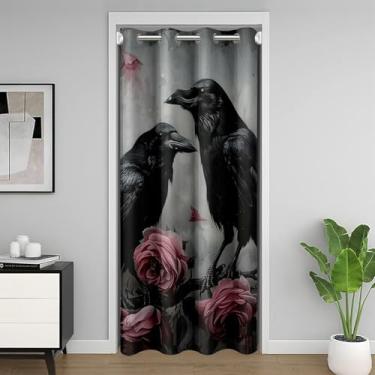 Imagem de Erosebridal Cortina de porta de corvo preto para privacidade de porta Halloween animal cortina blackout gótica pássaro corvo vida selvagem cortina vermelha vintage romântica rosa janela tratamento 86