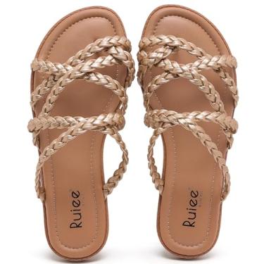 Imagem de Ruiee Sandálias planas de largura larga para mulheres, verão casual trançado pés largos chinelos confortáveis chinelos de dedo aberto praia tanga feminina sandálias., Ouro PU 780, 11 X-Wide