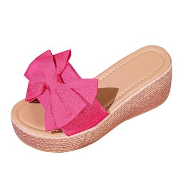 Imagem de Sandália de praia feminina casual versátil de tecido com sola grossa primavera e verão casual salto cunha, Rosa choque, 35