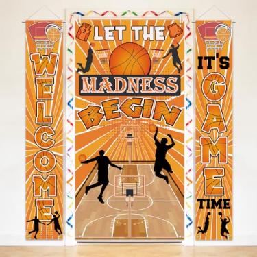 Imagem de AIBIIN Conjunto de 3 peças de decoração de festa de basquete Let The Madness Begin capa de porta pendurada Welcome It's Game Time Letreiro de varanda para ambientes internos e externos março loucura