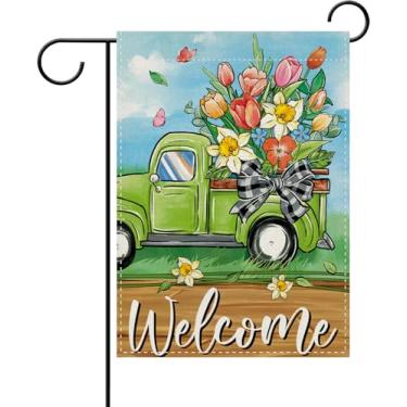 Imagem de Dyrenson Welcome Spring Green Truck Floral Decorativa Bandeira de Jardim, Tulipa Narciso Flor Borboleta Quintal Exterior Decoração de Casa, Serapilheira de Verão Exterior Pequena Decoração Dupla Face