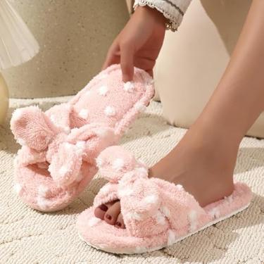 Imagem de Pantufas de pelúcia femininas fofas com bolinhas para uso interno no quarto, rosa, 9-10