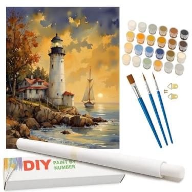 Imagem de Kit de pintura de vela por números do pôr do sol para adultos – Pintura DIY de farol e veleiro em tela enrolada 41 x 50 cm, conjunto de tinta acrílica, adequado para iniciantes, arte para decoração de