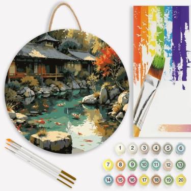 Imagem de Kit de pintura de jardim por números para adultos em tábua de madeira – Kit de pintura artesanal de madeira para lagos japoneses e árvores de outono, conjunto de tinta acrílica, redondo de 30 cm, para