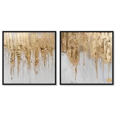Imagem de Conjunto de 2 decoração de parede moderna com impressão em tela dourada de luxo da Art Remedy, moldura preta, 76 x 76 cm