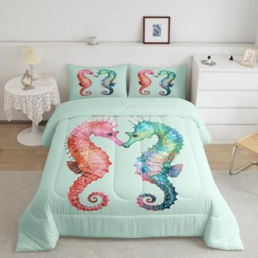Imagem de Conjunto de edredom Queen com estampa de cavalo-marinho, para decoração de quarto de crianças, meninos e meninas, rosa e azul, animais marinhos com 2 fronhas