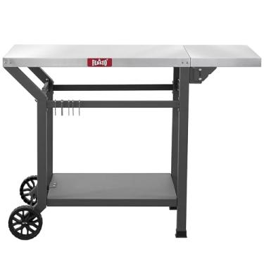 Imagem de Feasto Mesa para churrasqueira, mesa móvel de forno de pizza de 101 x 50 cm, com rodas, carrinho de grelha de bancada de aço inoxidável com prateleira de armazenamento e extensão dobrável, 6 ganchos
