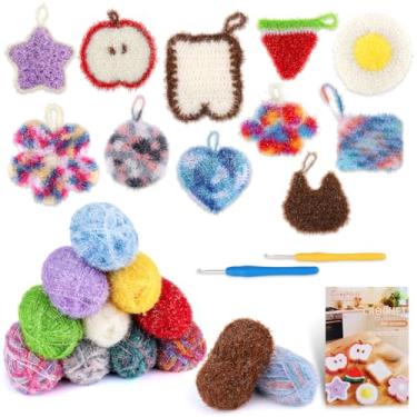 Imagem de Coopay 12 novelos de fio esfoliante para panos de louça, tutoriais em vídeo passo a passo, 1308 metros, kit de crochê de fios de poliéster para adultos, fio brilhante para esfoliantes, crochê, lavagem