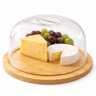 Imagem de Queijeira Com Tampa Acrílica Prato Bambu Boleira Prato Para Bolo e Queijos 19cm de Diâmetro
