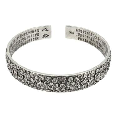 Imagem de Pulseira feminina com flor de ameixa, ajustável, plumeria, flores, coração, sutra, gravada, empilhável, mantra, proteção da paz, joia vintage para mãe, mãe, avó, aniversário, Standard, Cobre, Sem