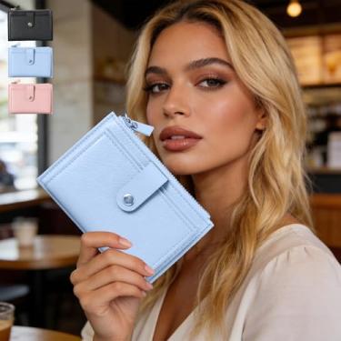 Imagem de Carteira feminina com porta-cartões de crédito, porta-cartões de crédito com janela de identidade e zíper, porta-chaves de tamanho compacto, Azul, Minimalismo urbano