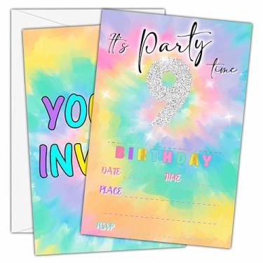 Imagem de Convites de aniversário de 9 anos tie dye com envelopes (25 unidades) - It's Party Time Fill-in Party Convite Cards for Girls Kids Party Supplies Decorações - B12