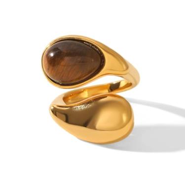 Imagem de Kokoma Anel de lágrima para mulheres olho de tigre pedra gota de água anel aberto anel de declaração ajustável moda joias de dedo uso diário