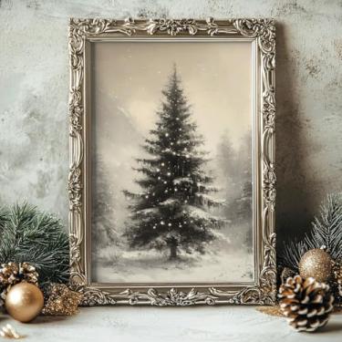 Imagem de Pôster vintage com impressão de Natal, arte de parede, arte em tela, decoração de parede, árvore, pintura, impressões, imagem, Natal, decoração de casa, sem moldura