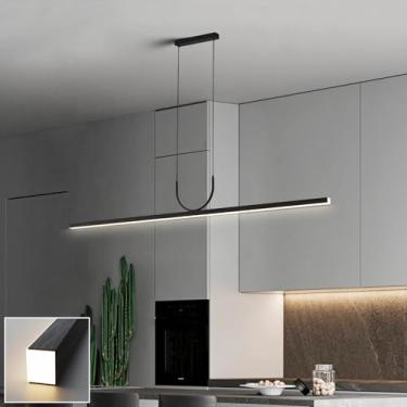 Imagem de Luminária pendente LED preta, com controle remoto e intensidade regulável, ideal para cozinha, sala de jantar, escritório ou bar. Design moderno e linear, 120 cm de altura.